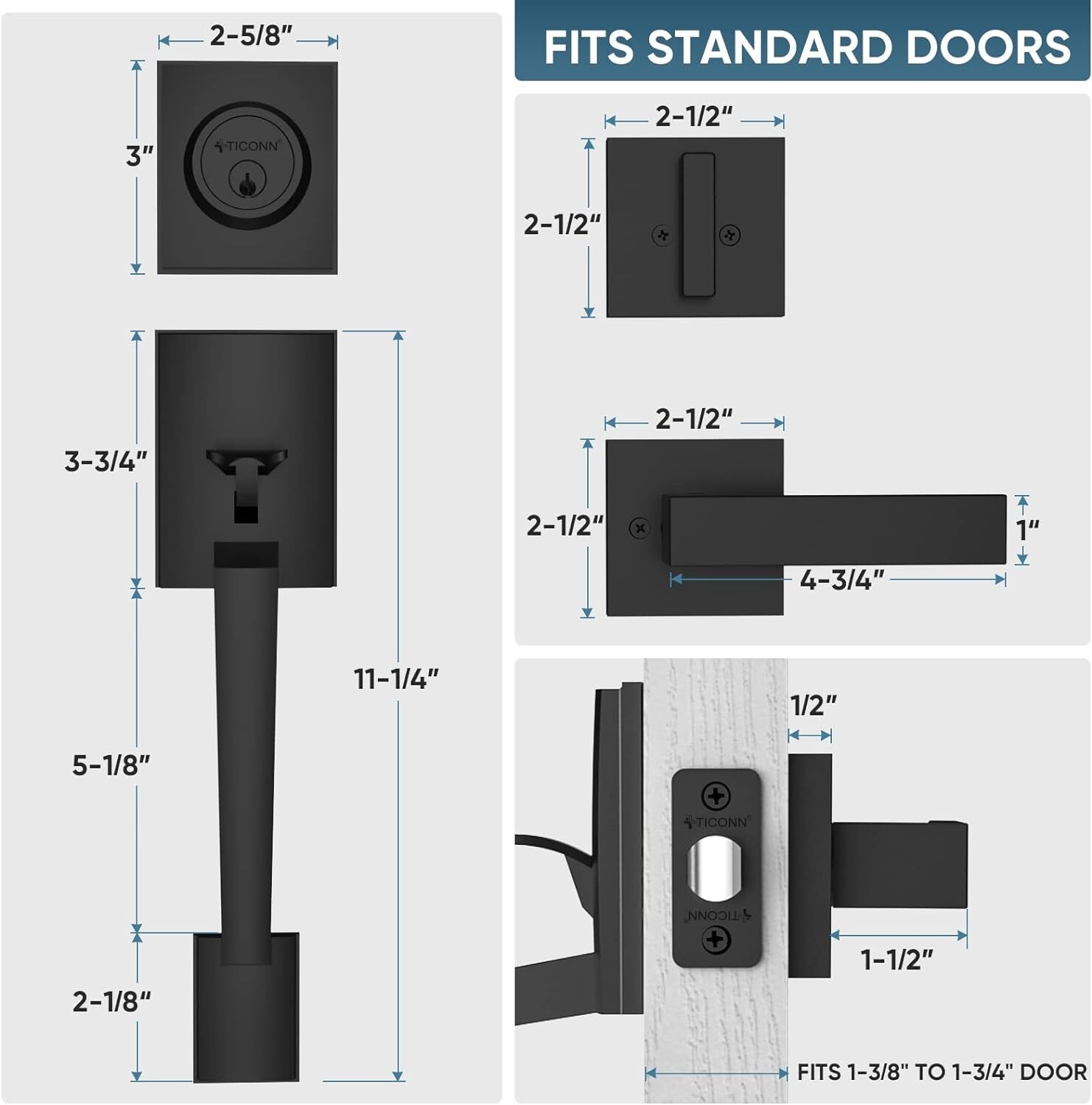Double Front Door Handle Set, Heavy Duty Square Door Lever and Single Cylinder D