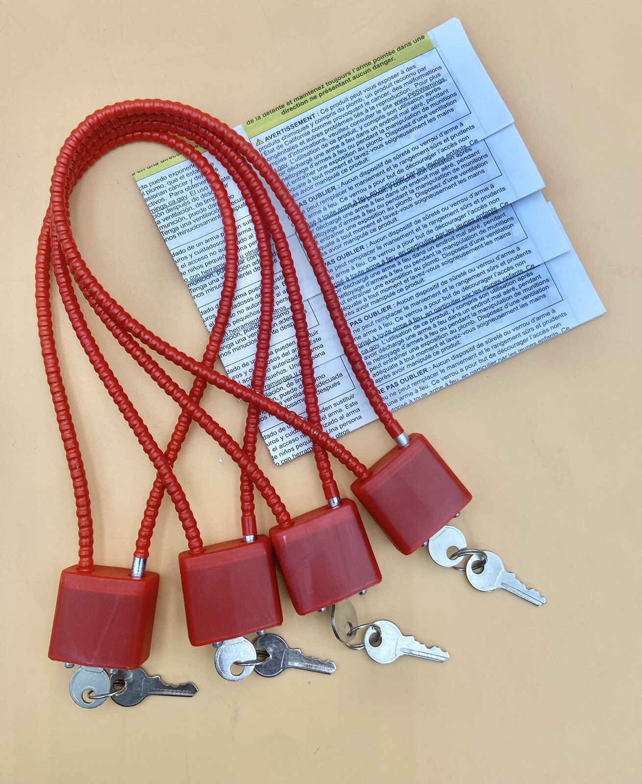 Pack Of (4) Firearms Safety Devices 15in Cable Locks, Red - New Open Packs