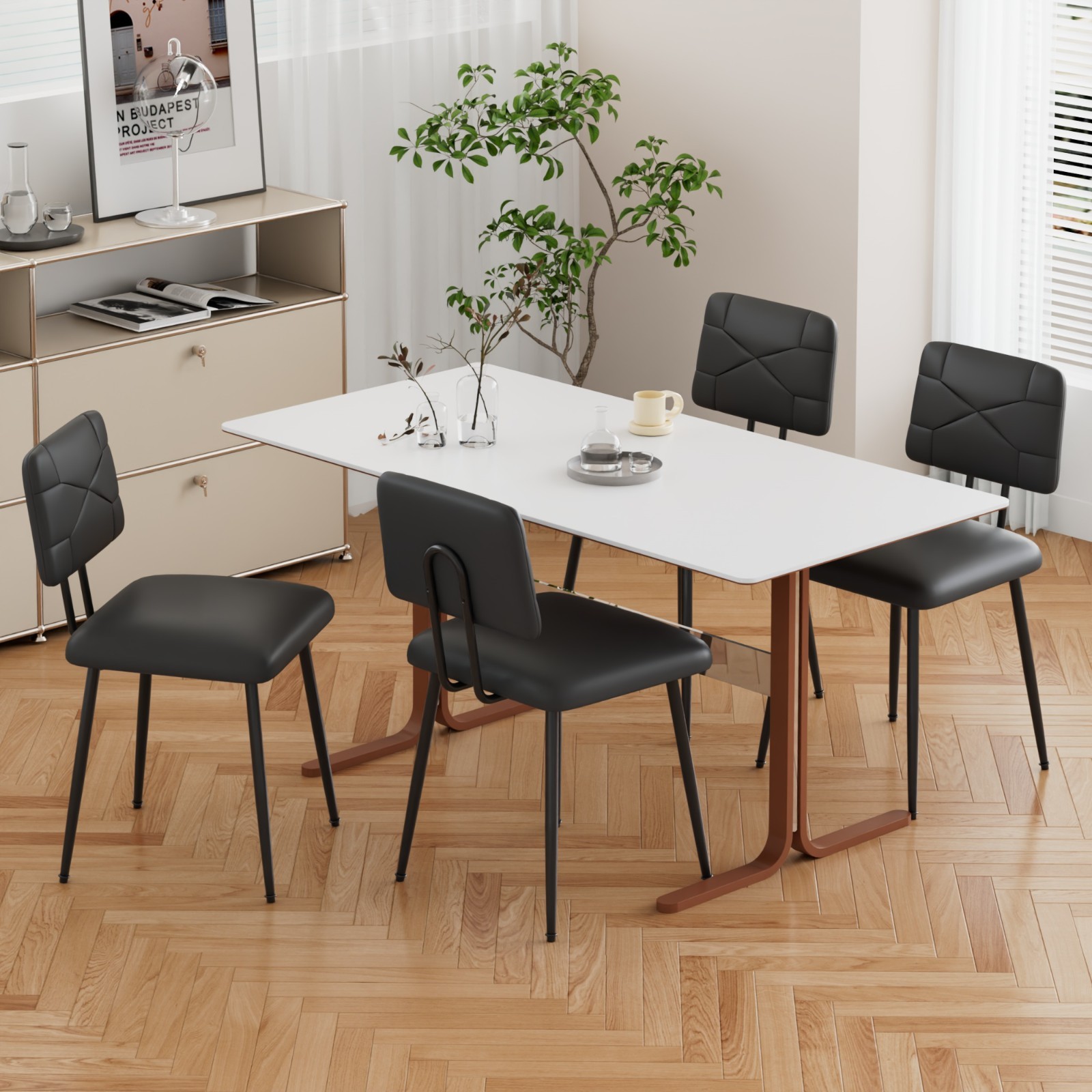 Set of 2 Upholstered PU Leather Dining Chairs with X Back Metal Legs Kitchen