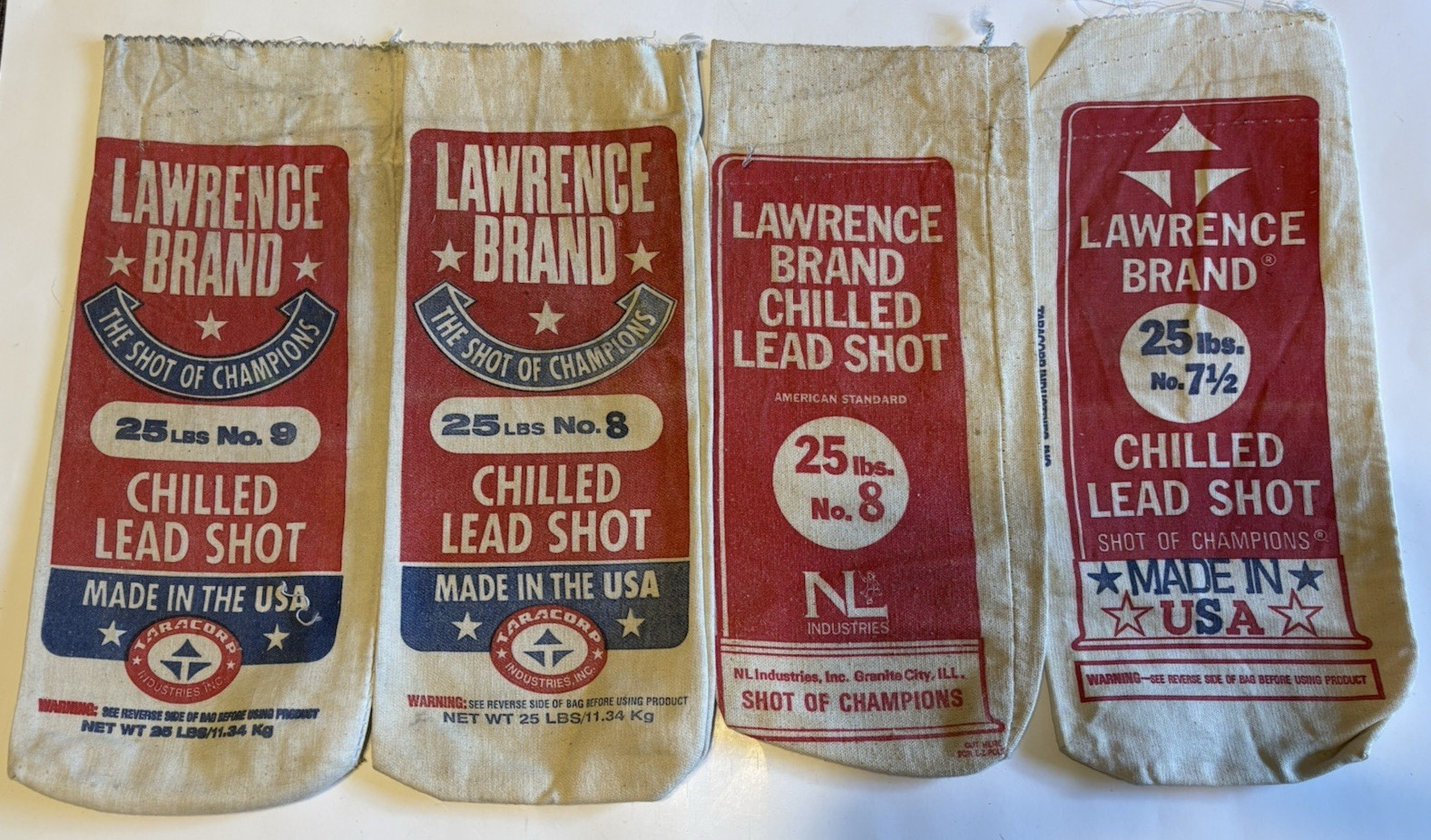 Lot of 4 - 25 Lbs Empty Lead Shot Canvas Bags - Lawrence Brand #7 1/2  8 & 9