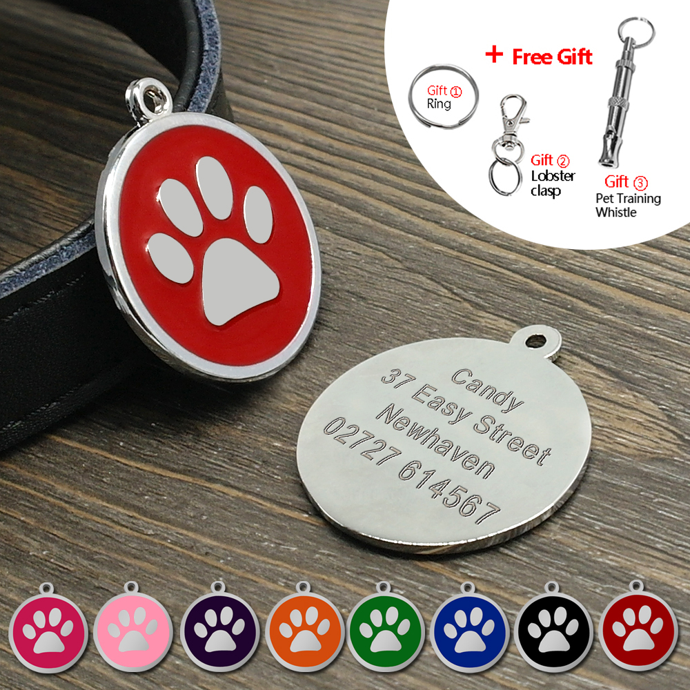 Round Personalized Pet Dog ID Tags Paw Print Disc Single Side Engraved Free Tag