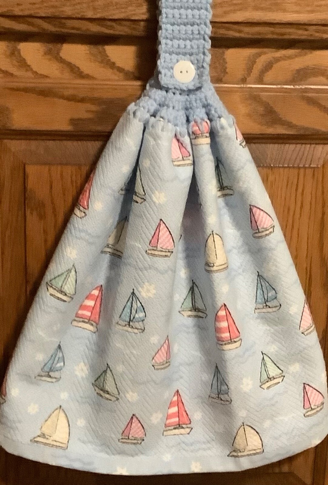 Double Hanging kitchen towel sailboats haughty crocheted blue  top