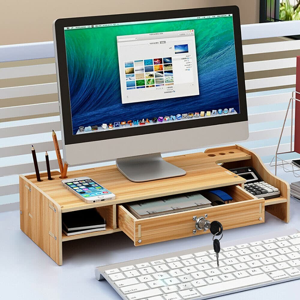 Wood Monitor Riser w/ Drawer Computer/Laptop/PC Stand for Desk Organizer