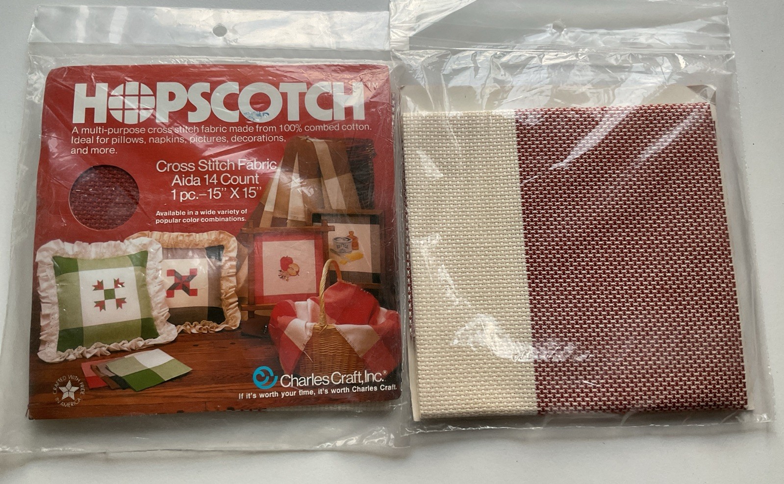 Lot of 2 - Charles Craft 14 Ct Aida Fabric - 15” x 15” - Hopscotch - Rust/Ivory