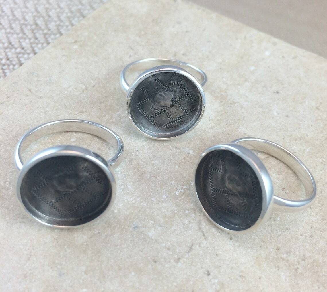 Sterling Silver Ring Blank 15mm Round Bezel Cabochon Setting Adjustable Finding