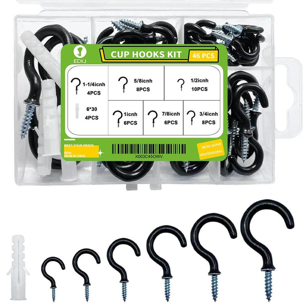 Small Black Screw-in Hooks Assorted Kit with Plugs, 1/2", 5/8", 3/4", 7/8", 1",