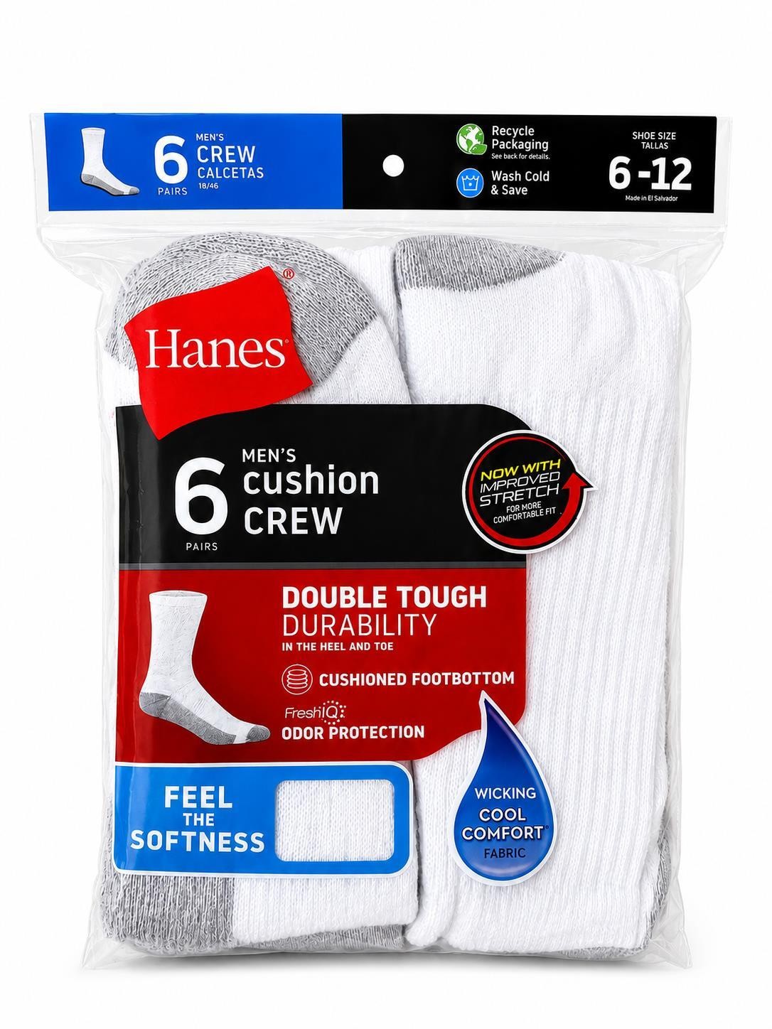 Hanes USA Mens Cushion Crew White Sports Socks 6-PACK