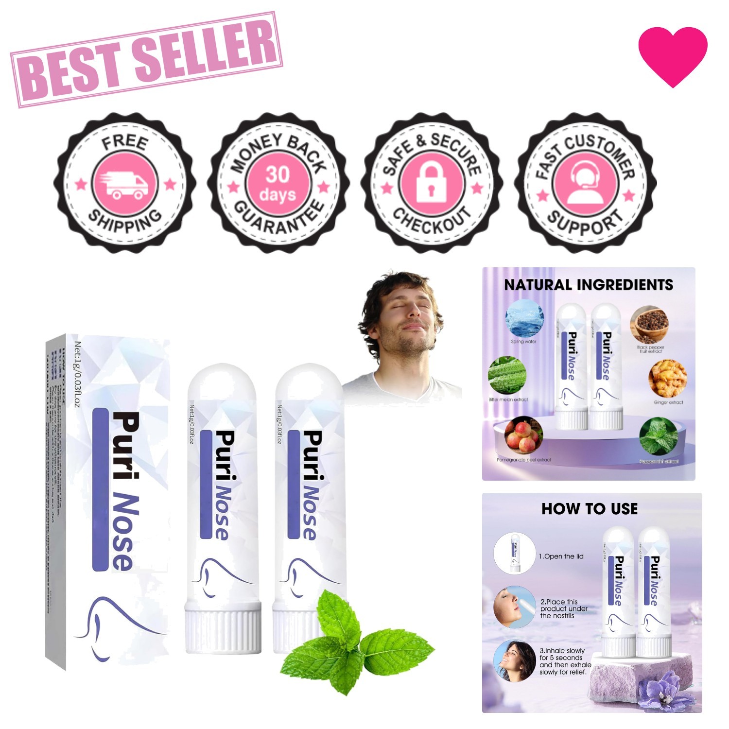 Lightweight 2-Piece PuriNose Nasal Inhaler – Natural Breathing Aid for All Ages