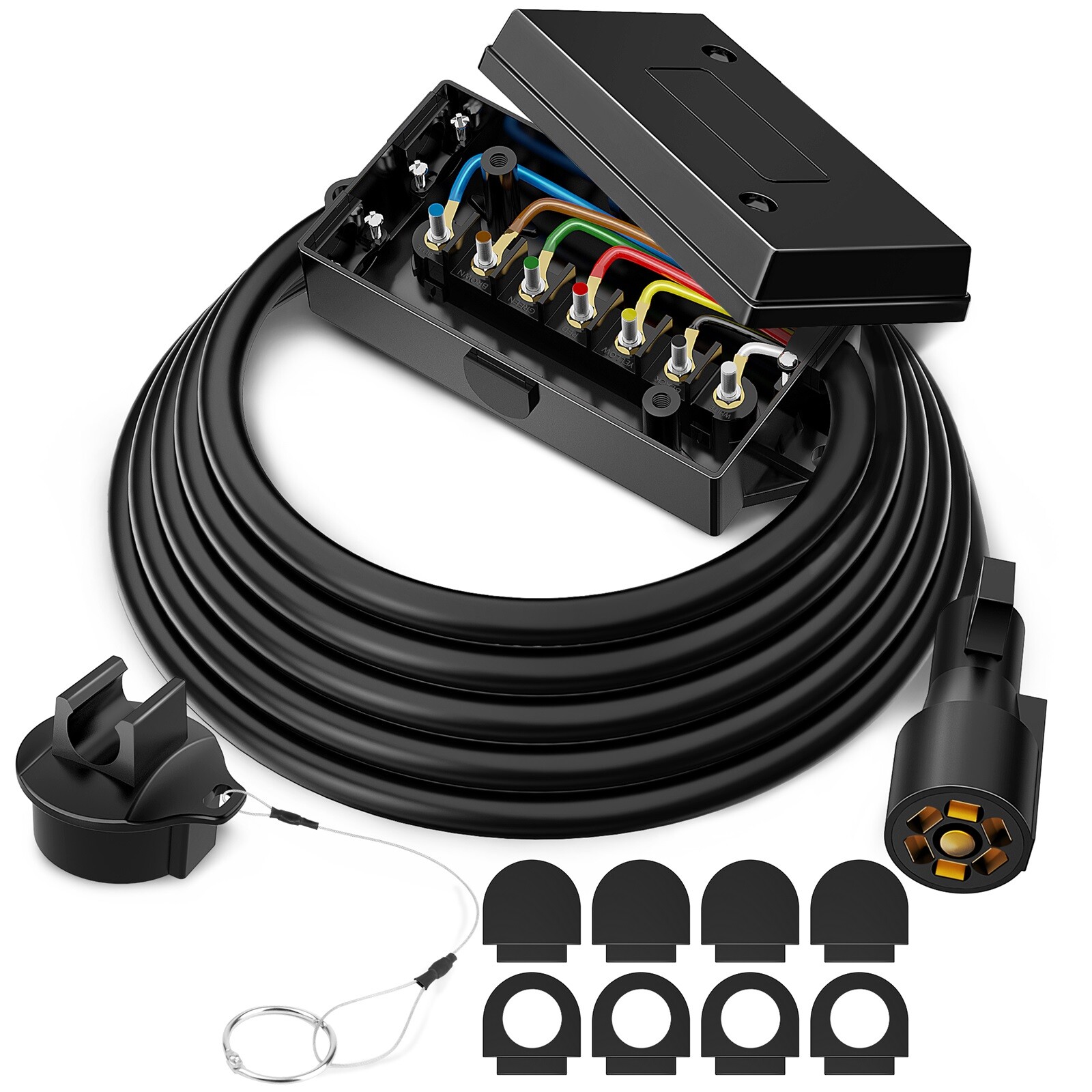 MICTUNING 8FT Trailer Cord with 7-Way Plug Inline Junction Box, Wiring Harness