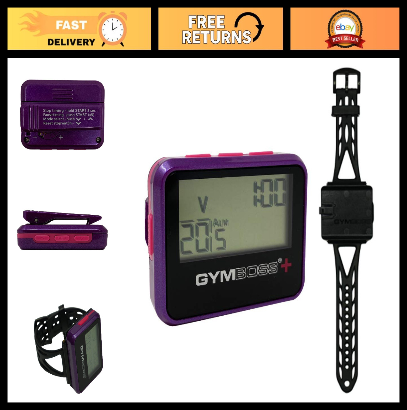 Interval Timer & Stopwatch Bundle with Watchstrap - Gym Workout Essential (Viole