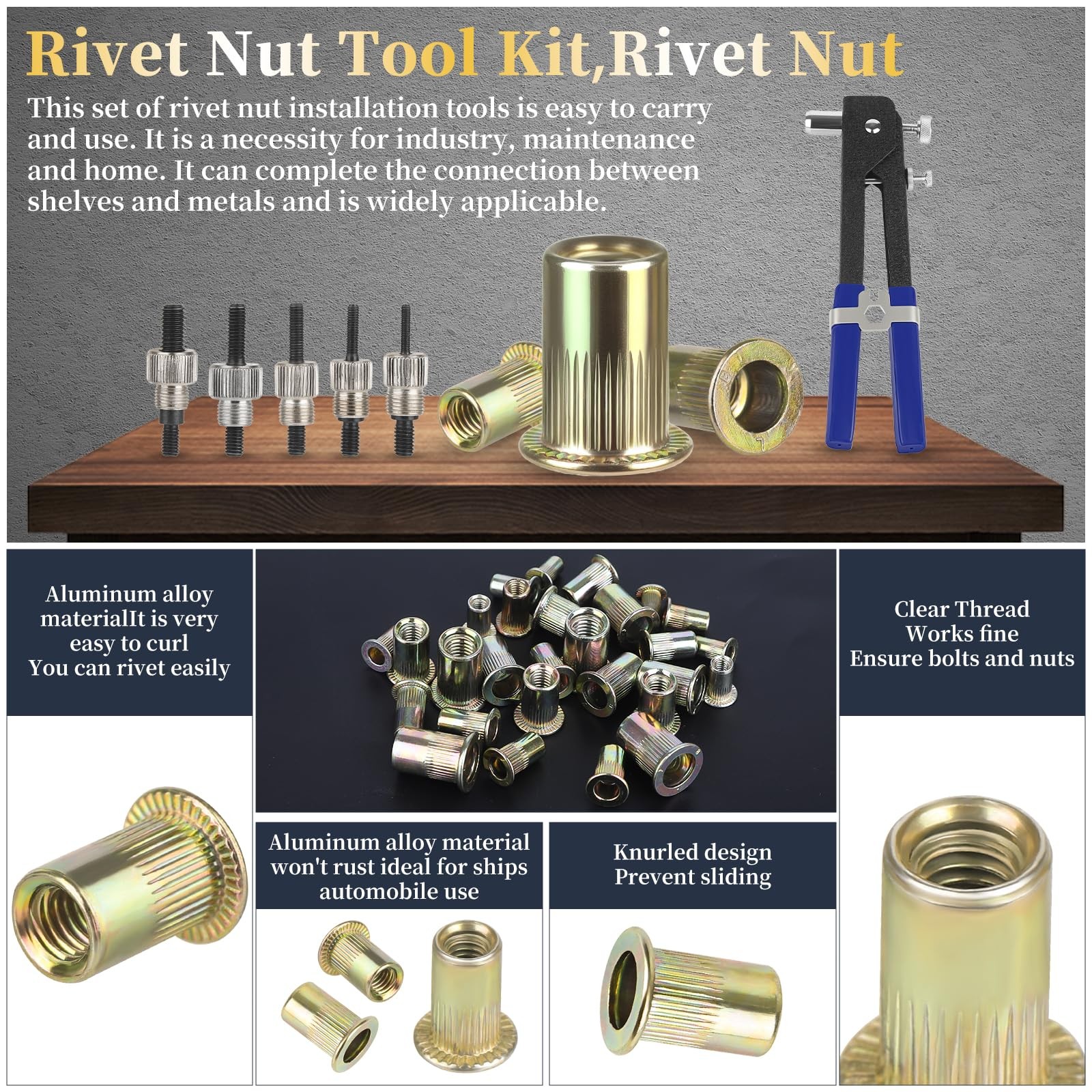 Rivet nut Tool kit,rivnut Tool,500Pcs Metric Rivet Nut Combination (M3/M4/M5/