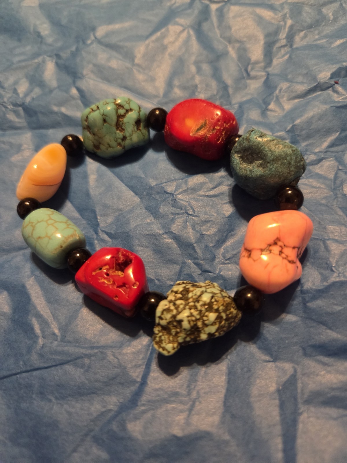 Beautiful Handmade Coral & Turquoise 8inch Stretch Bracelet W/Black Beads