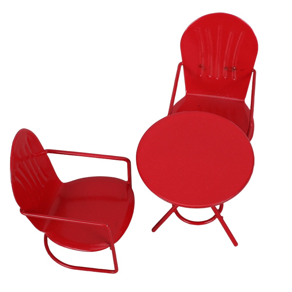 3Pcs Red Iron Miniature Dollhouse Dining Table and Chairs Durable Mini Furniture