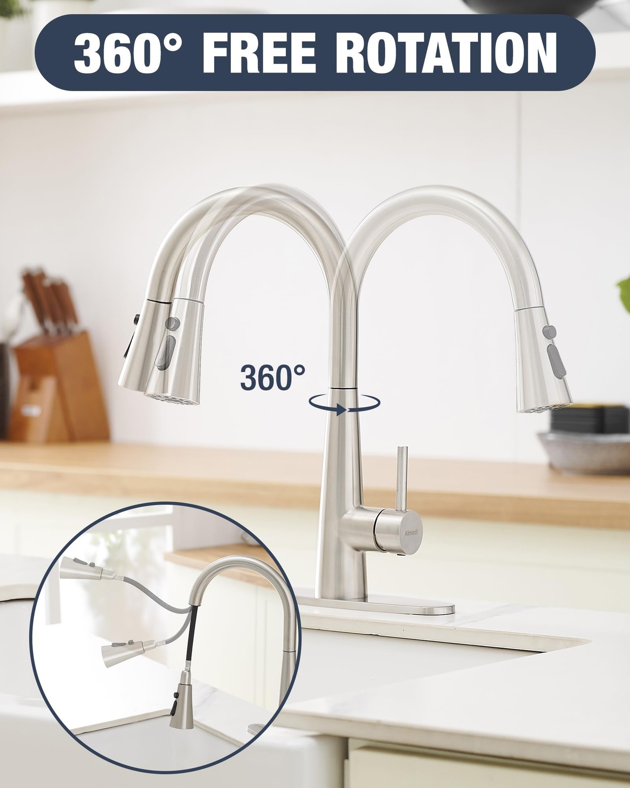 AIMADI Kitchen Faucet with Pull Down Sprayer,High Arc 360° Brushed Nickel