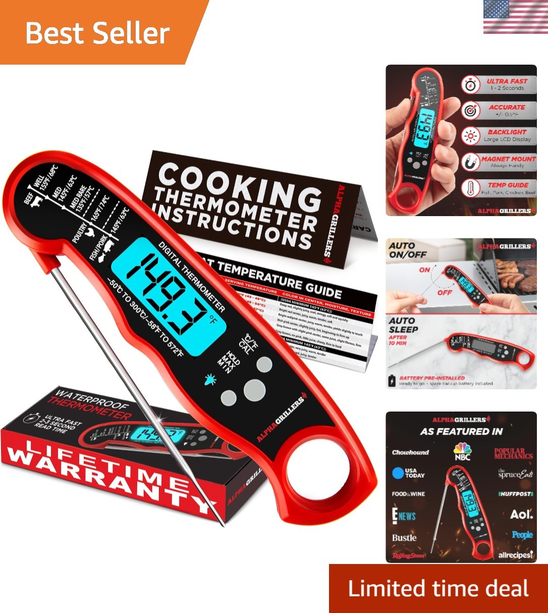 Instant Read Digital Meat Thermometer with Backlit Display | 1-2 Sec Response