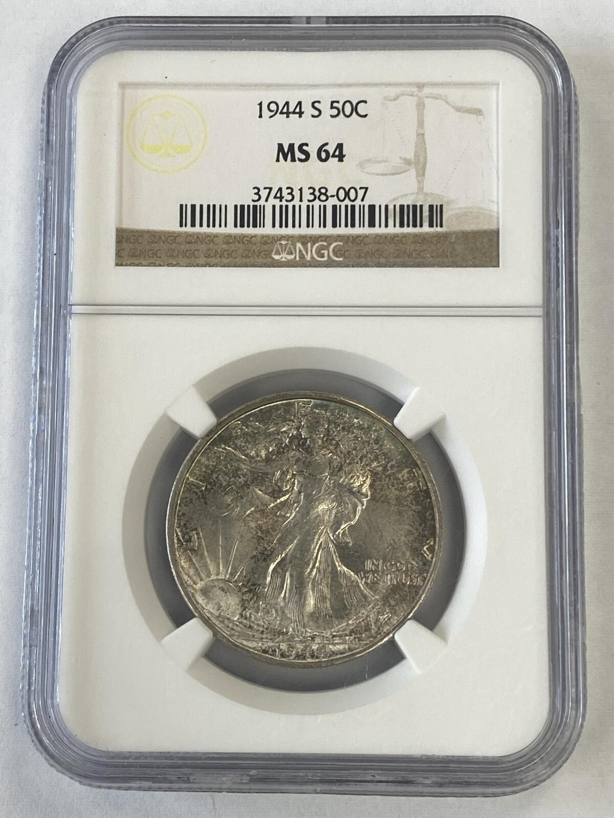 1944-S Walking Liberty Half NGC MS64 Nice Eye Appeal Blue Rim Toning (A)