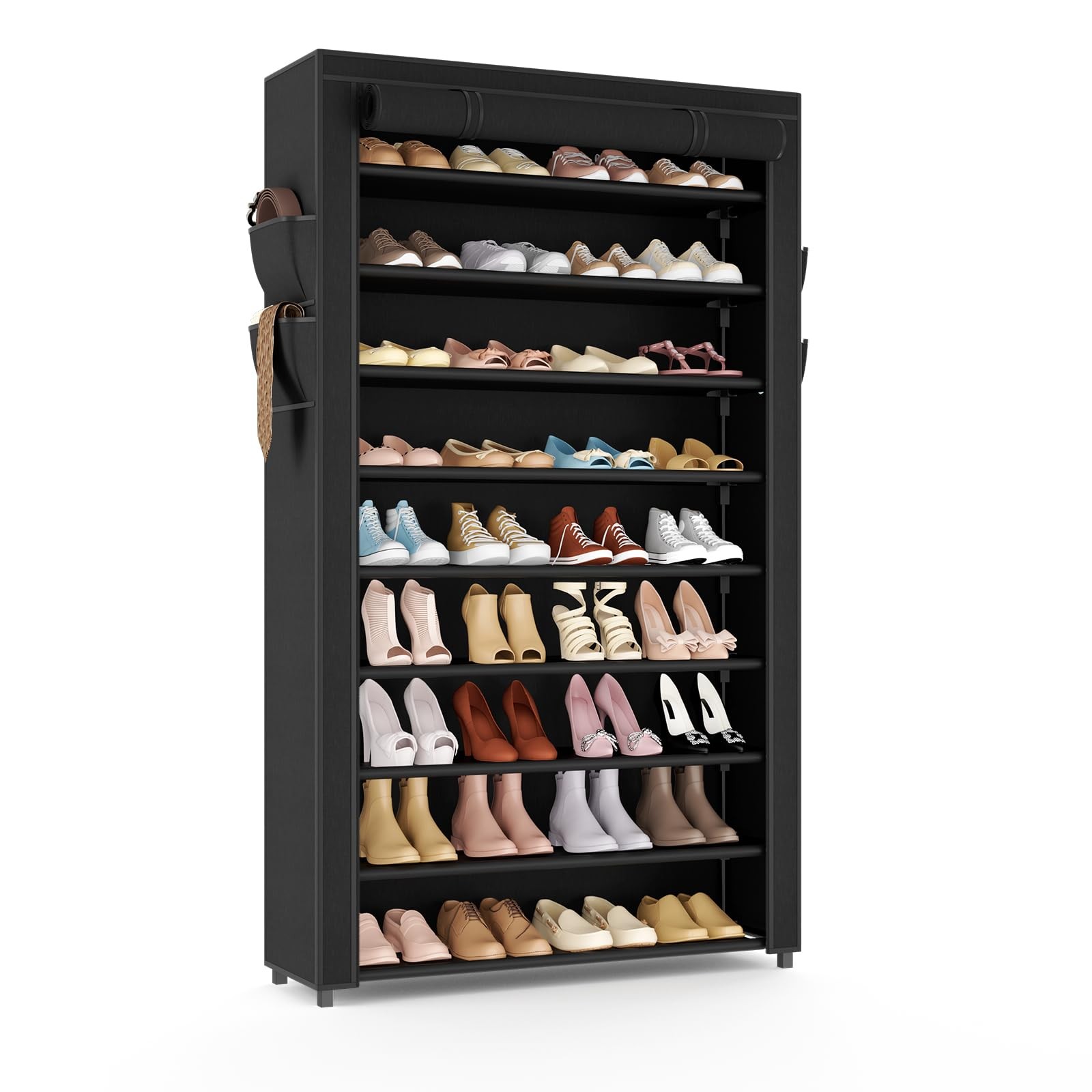VILICK 10Tier Narrow Shoe Rack with Cover & Pockets  Holds 3641 Pairs, Black