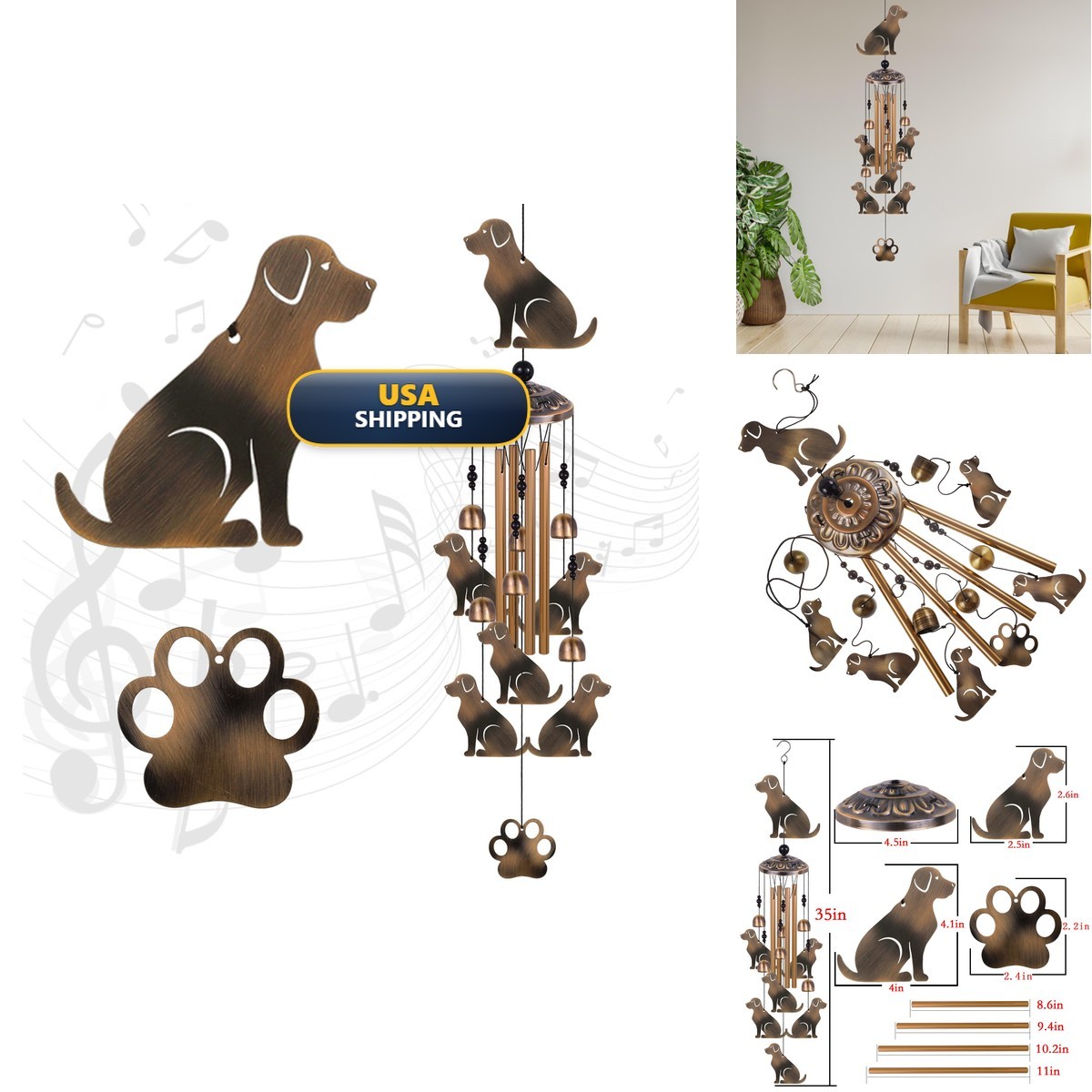 Solawindchime Bronze Puppy Wind Chimes for Garden/Home/Balcony/Lawn/Tree/Yard