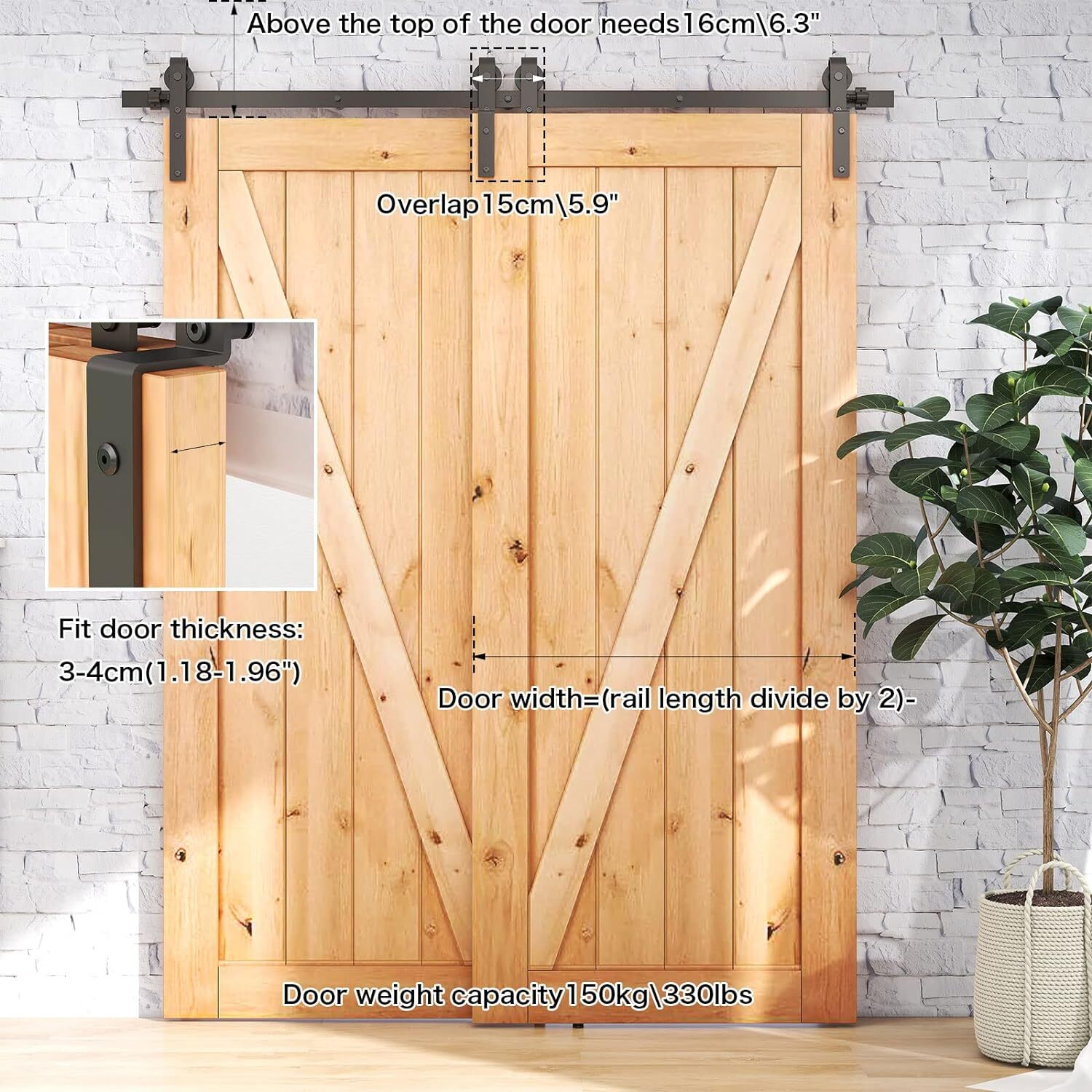 CCJH 4-20FT Bypass Sliding Barn Door Hardware Kit Single Track for Double Doors