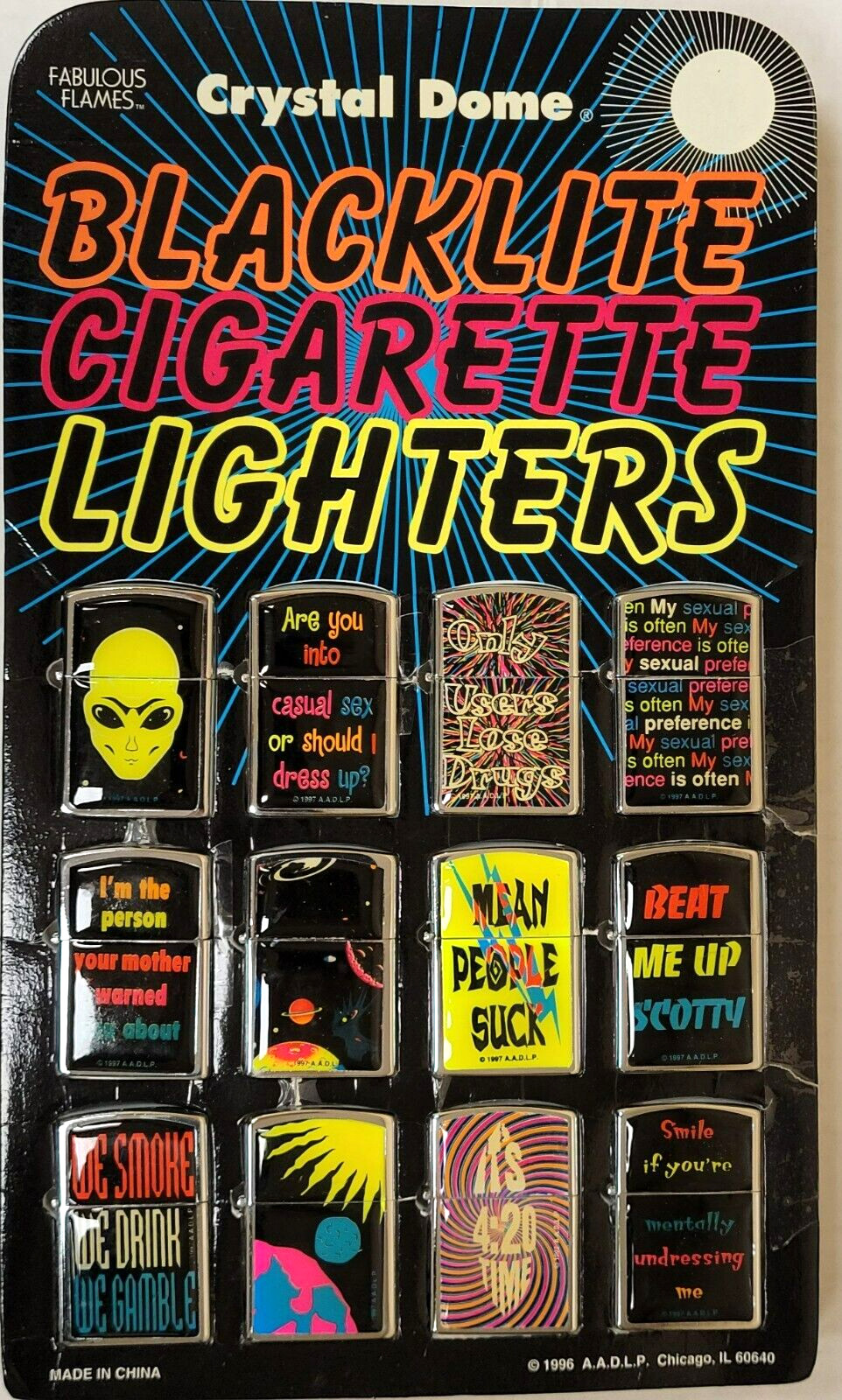 Vintage 1996 - Counter Display of 12 Blacklite Novelty Cigarette Lighters (1201)