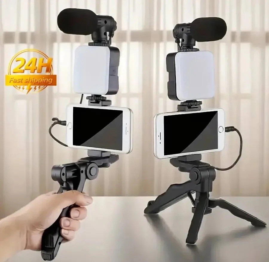 AY-49 Smartphone Video Stabilizer Kit Tripod LED Light Microphone - Plastic