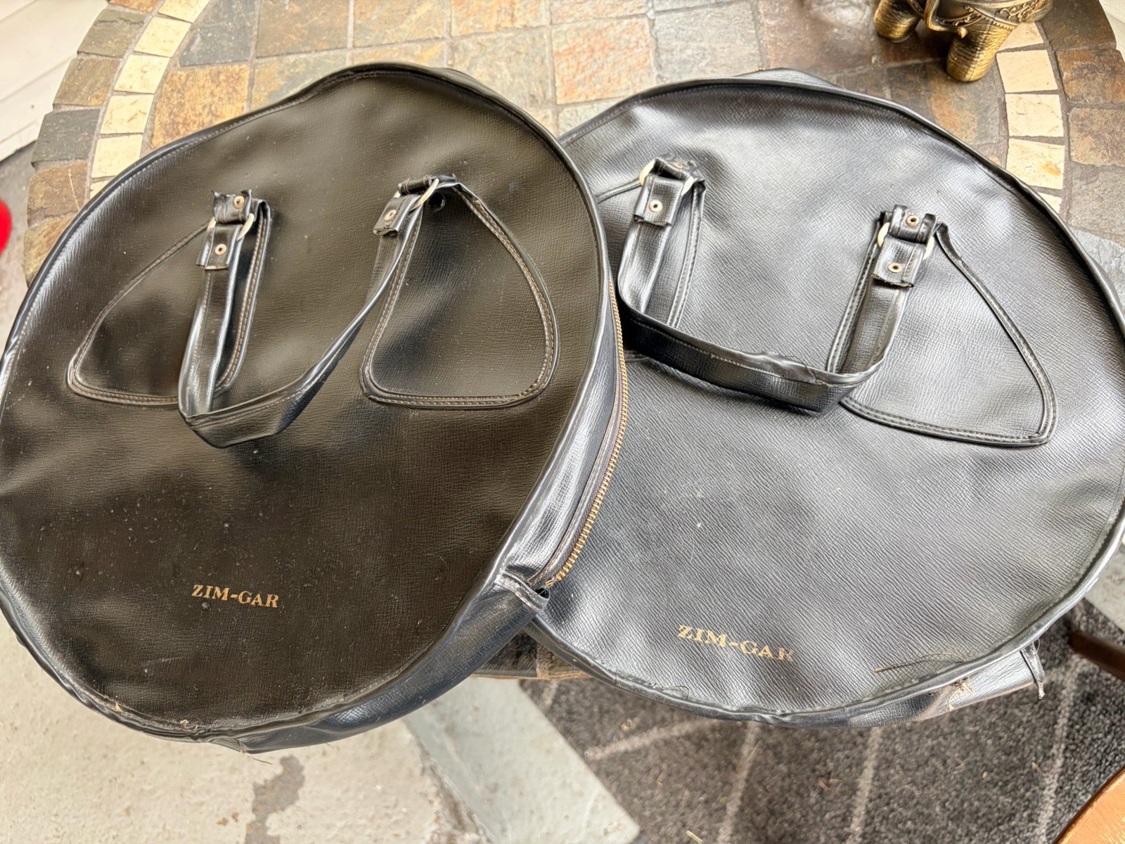 Two Rare 1950’s Zim-Gar Black Faux Leather Cymbal  Bags 16”x 16”