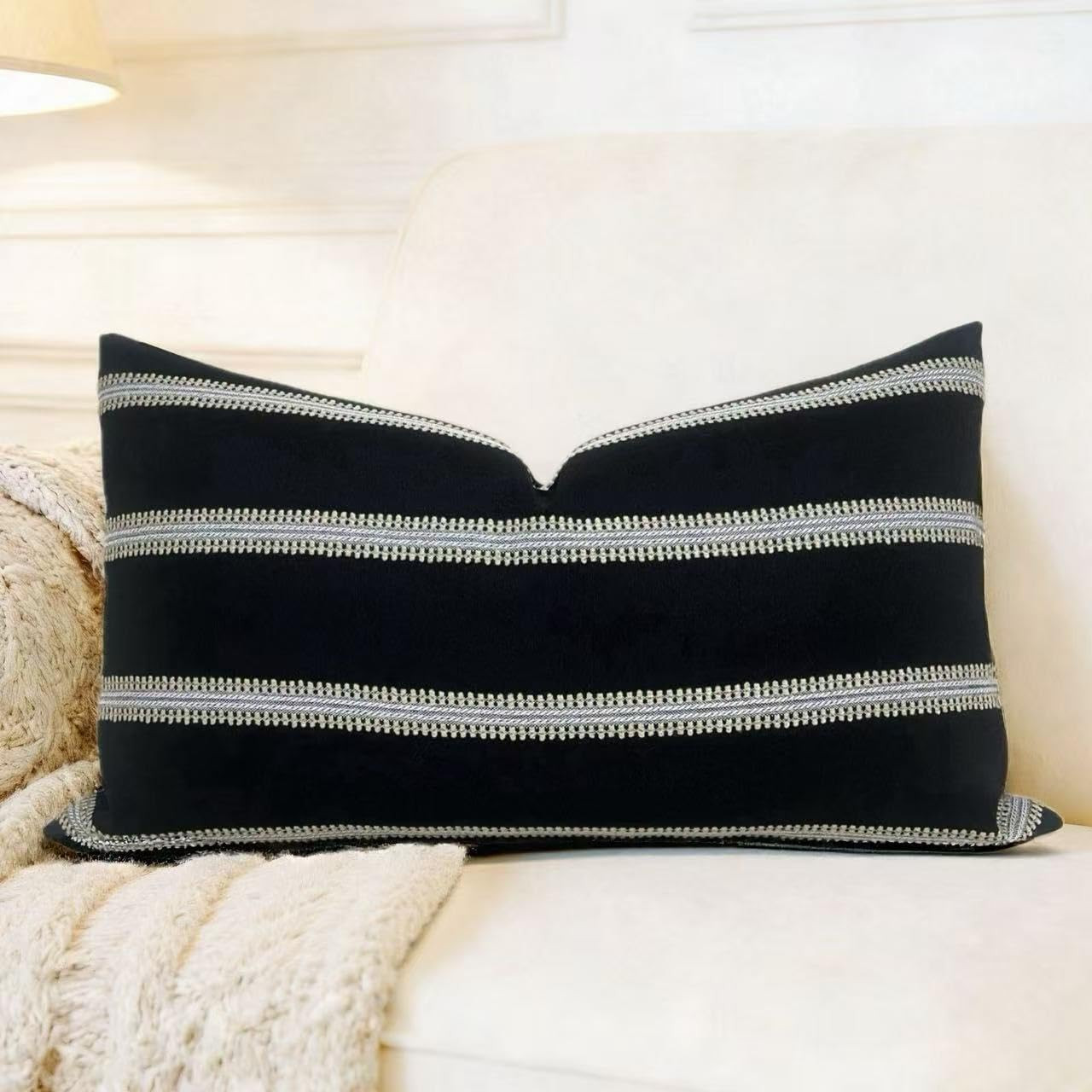 Decorative Rectangular Throw Pillow Cover Striped Textured Lumbar Cush