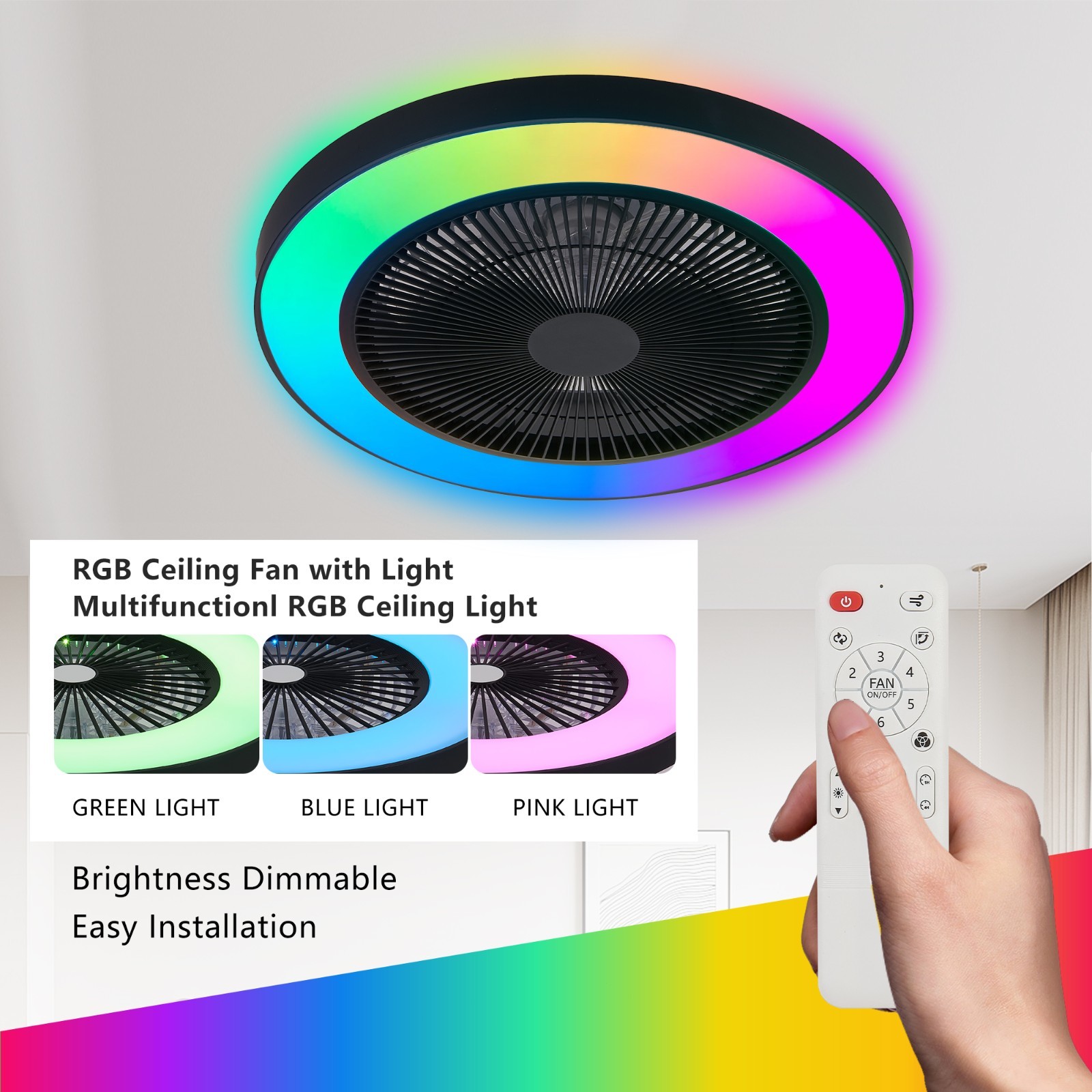 19" RGB LED Smart Ceiling Fan Light – Dimmable, APP/Remote, Silent Reversible DC