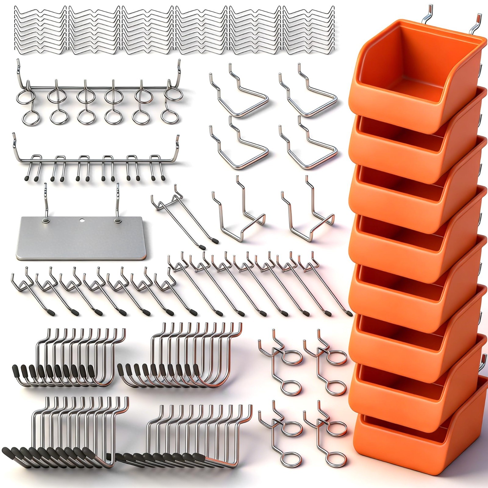 150 PCS Heavy Duty Pegboard Hooks Kit - 15 Types with Bins for Garage & Tool Org
