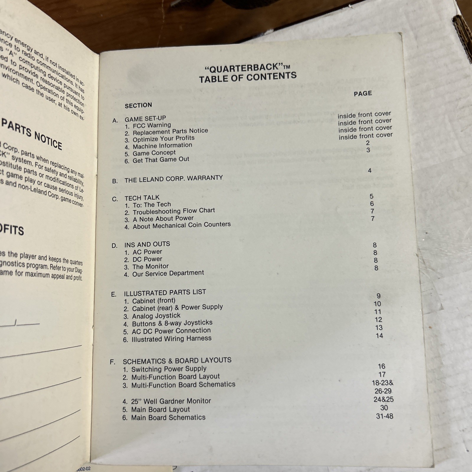 Original quarterback leland Set With Schematics arcade video game manual