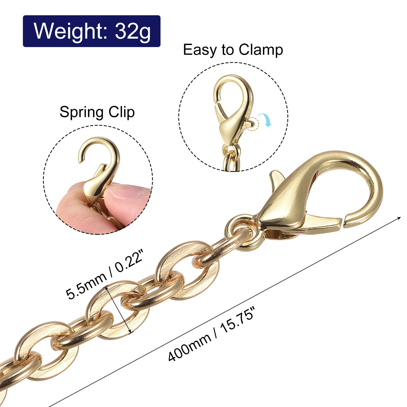 16"x0.22" Purse Chain Strap, 2Pcs Purse Handle Shoulder Replacement Strap Gold