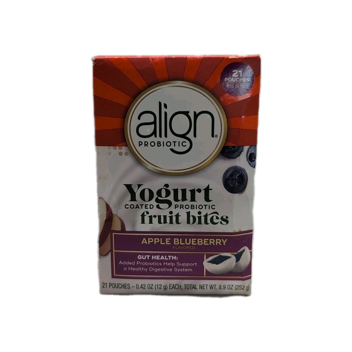 Align Probiotic Yogurt Coated Fruit Bites Apple Blueberry, 21 Pouches, 10/2025