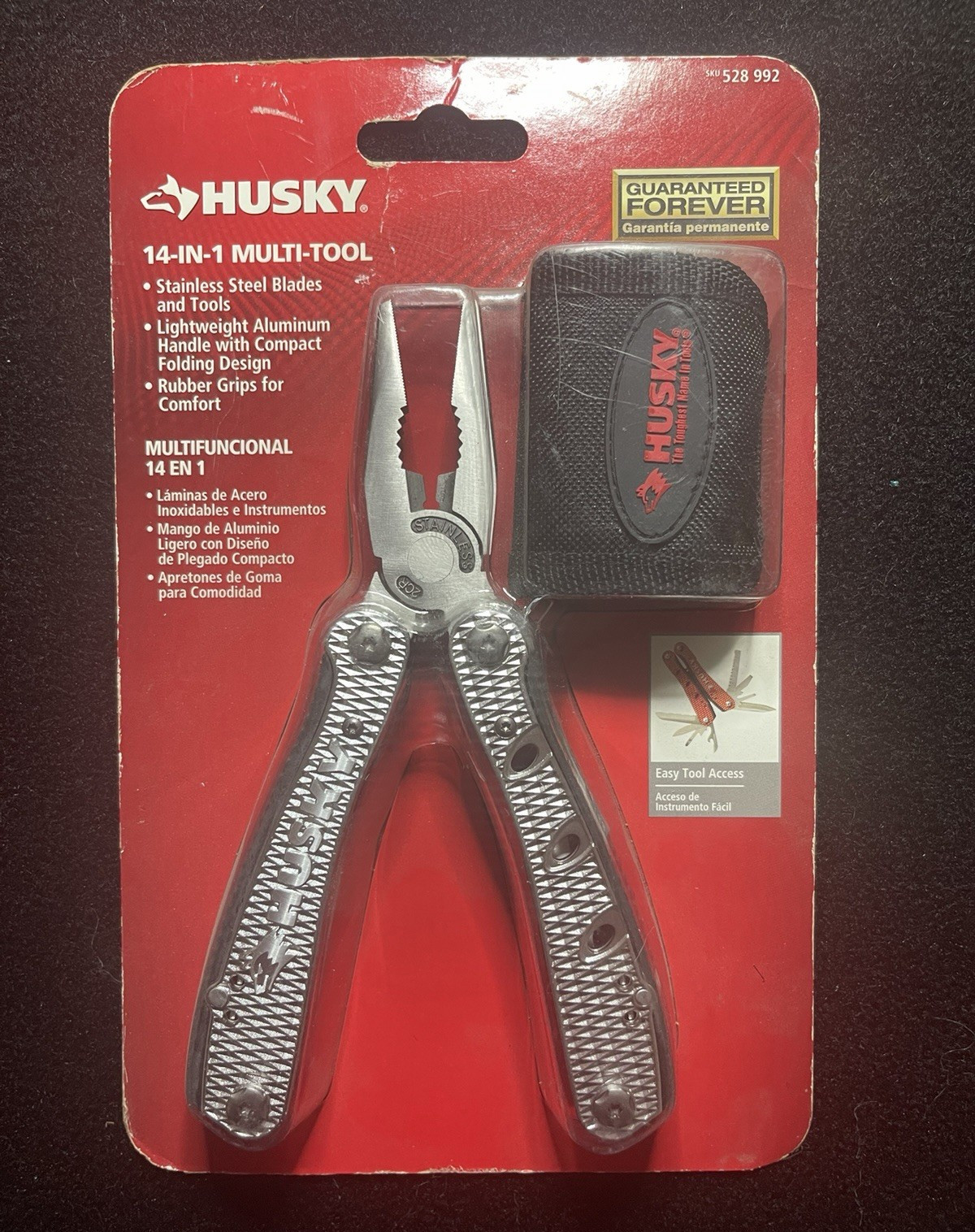 Husky 14-in-1 Multi-Tool Stainless Steel Blade Aluminum/Rubber Handle Pouch