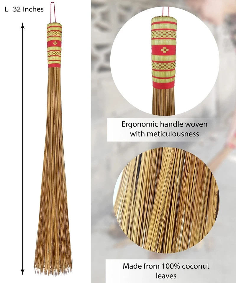 32 inch Multi-Surface Sturdy Outdoor Authentic Coconut Leaf Broom Asian Heavy...