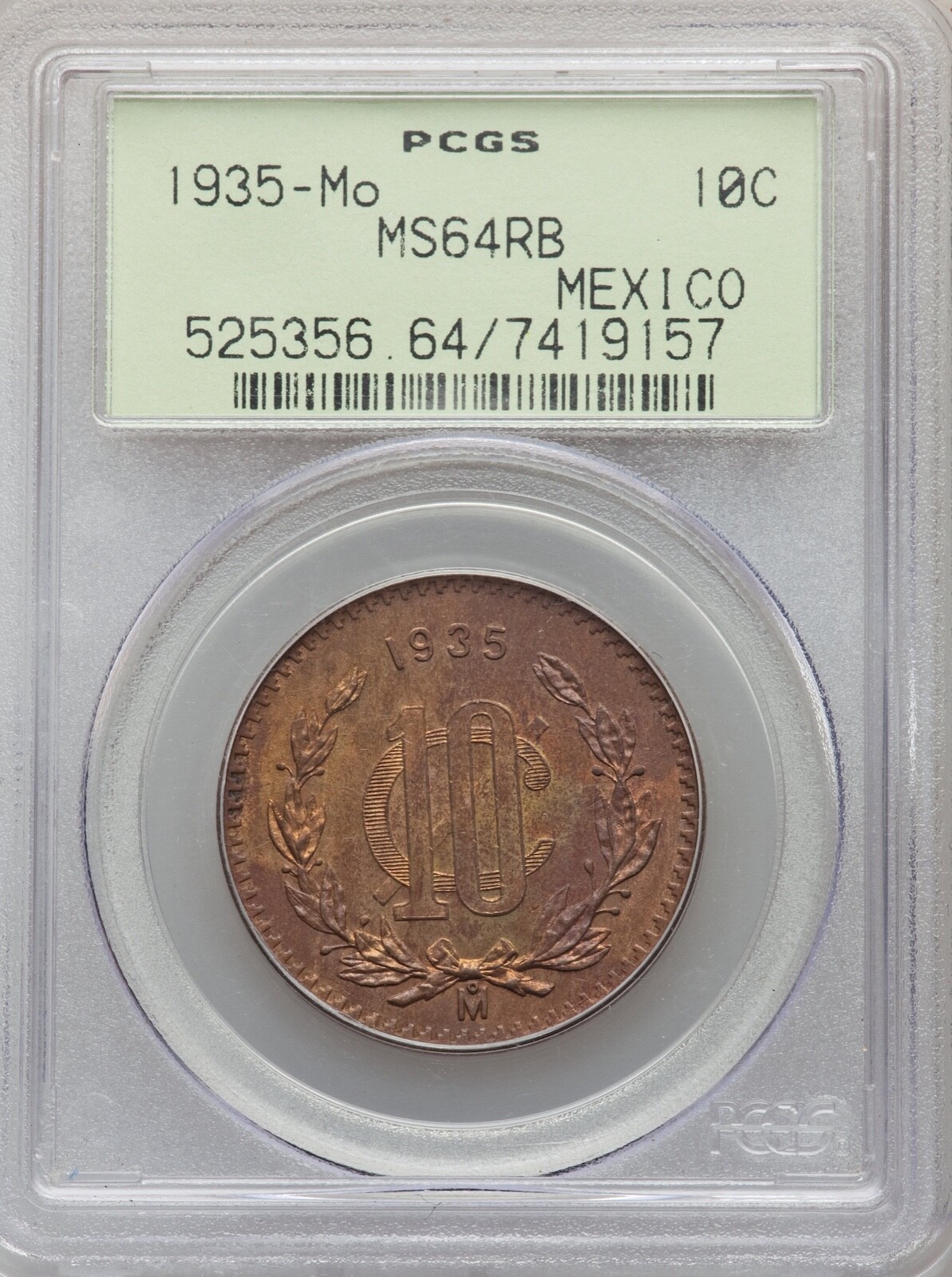 MEXICO ESTADOS UNIDOS 1935 10 CENTAVOS COIN CERTIFIED UNCIRCULATED PCGS MS64-RB