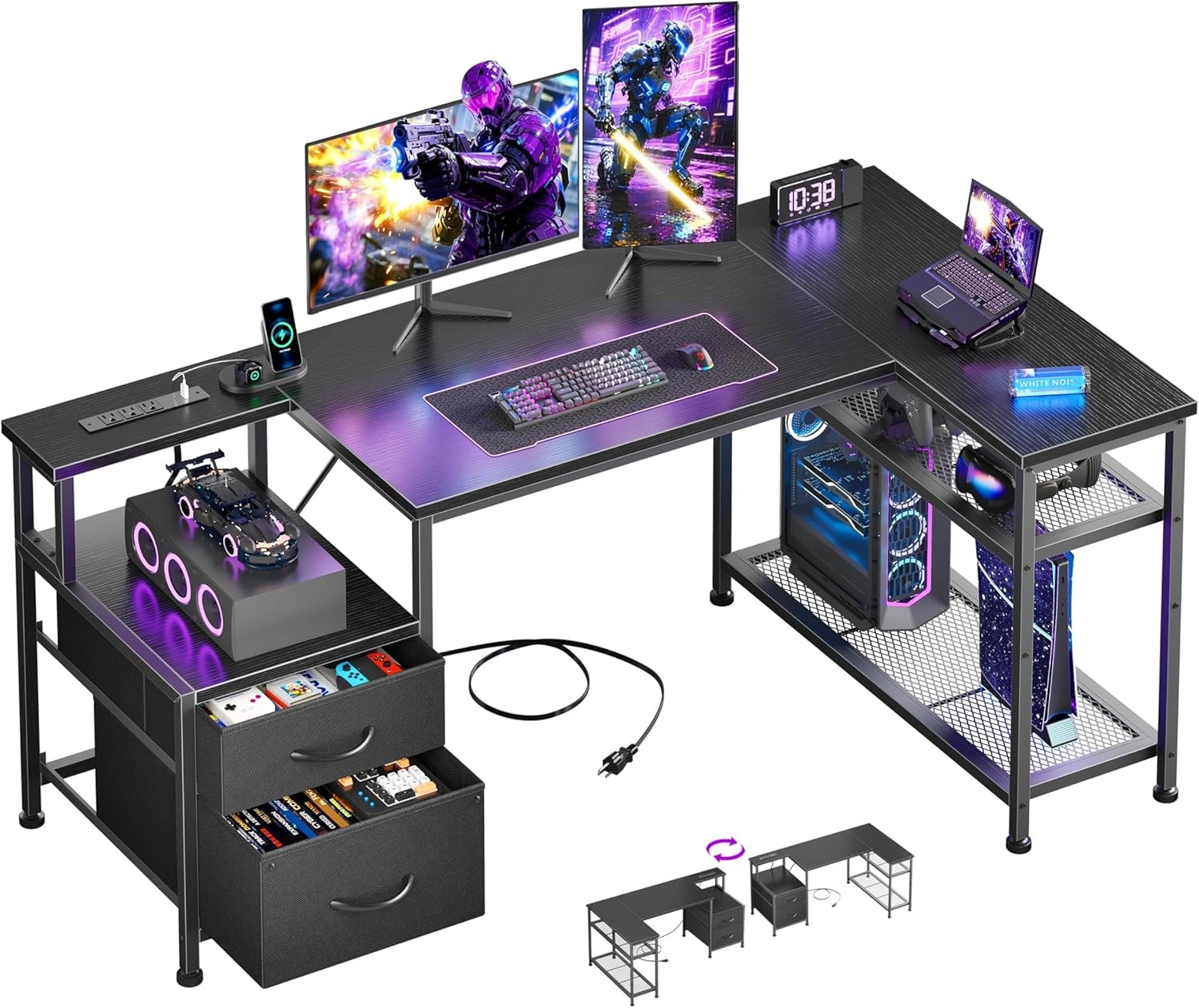 49Inch L Shaped Gaming Desk with Power Outlets and Type-C Port, Reversible