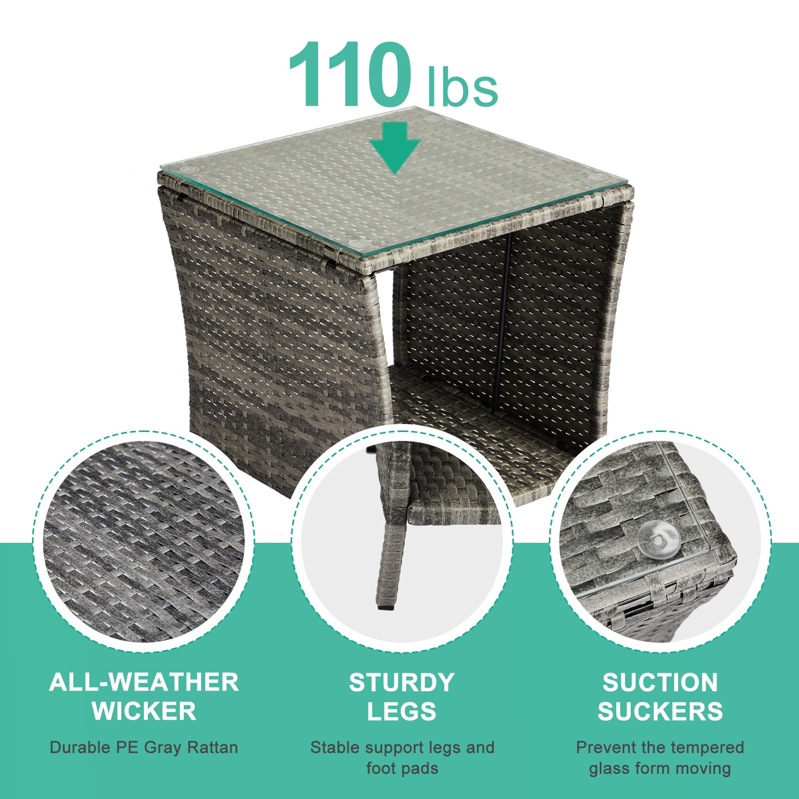 Outdoor Grey Wicker Side Table Rattan Square Side Table Courtyard Coffee Bistro