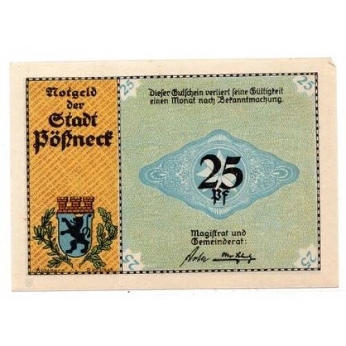 1921 Germany Pobneck Notgeld 25 Pfennig Note (1198)