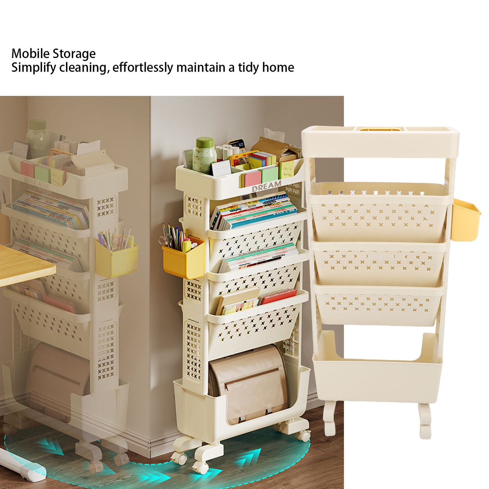 Rolling Book Cart 5 Tier Multi Functional Movable Storage Book Rack White