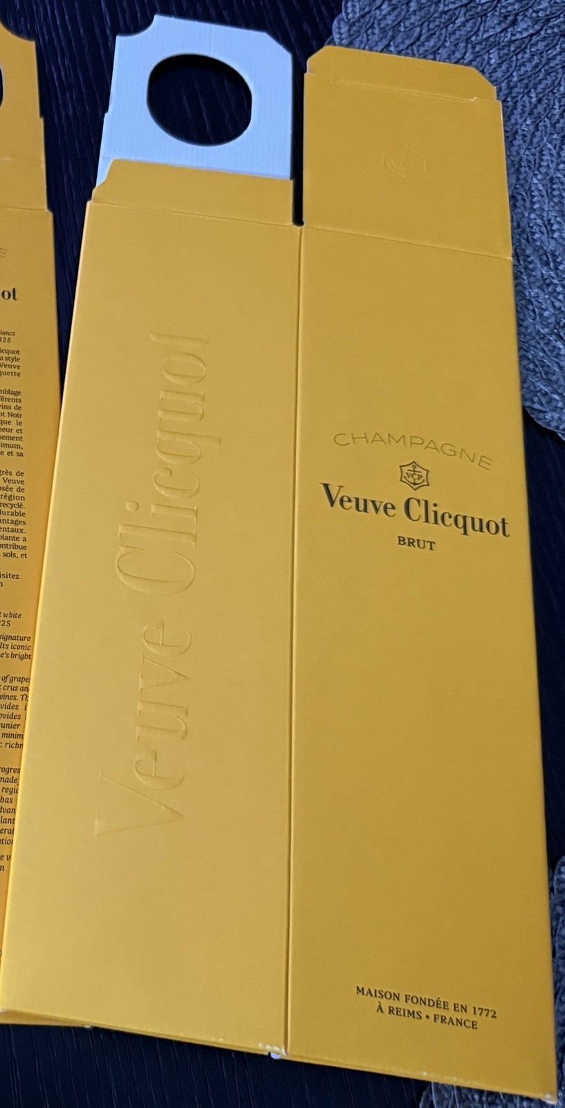 2 Cliquot champagne Gift Boxes 12.75"Lx3.5"Wx3.5"D for 750 ml Bottle New