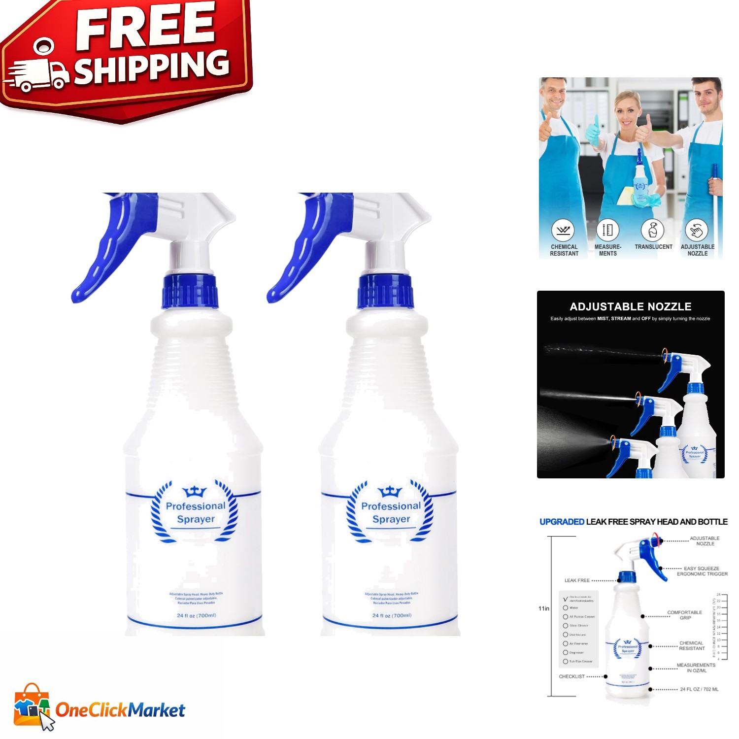 24 Oz Multi-Use Spray Bottles - Leak-Proof Design with Organizer Labels, 2 Pack