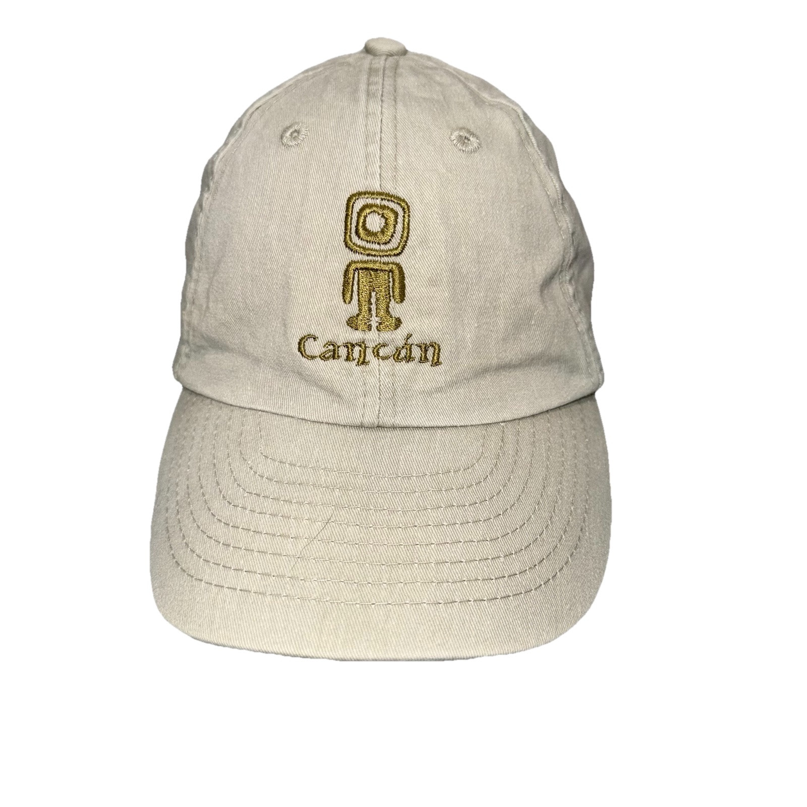 Cancun with Guy Logo in Gold on Tan Cotton Hat Cap Hook Loop EUC