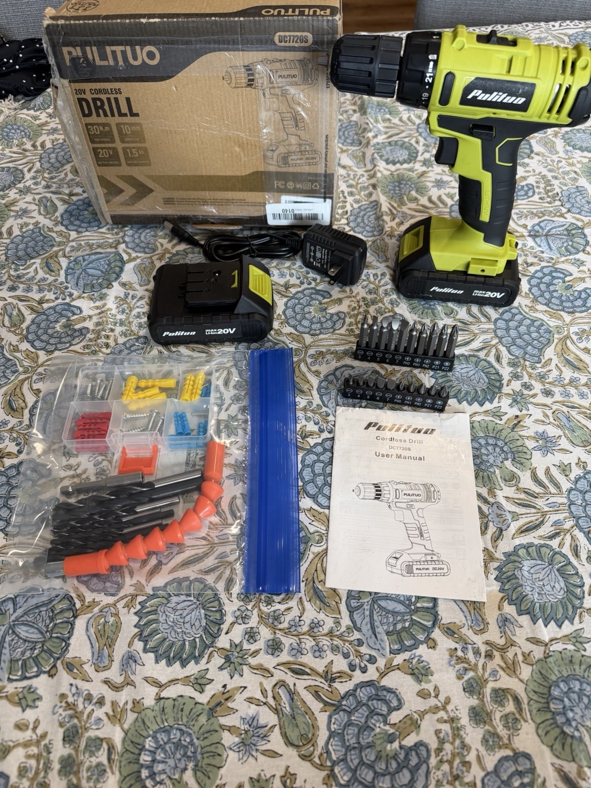 Complete 20V Electric Drill Screwdriver Kit Rechargeable Batteries LED Light New