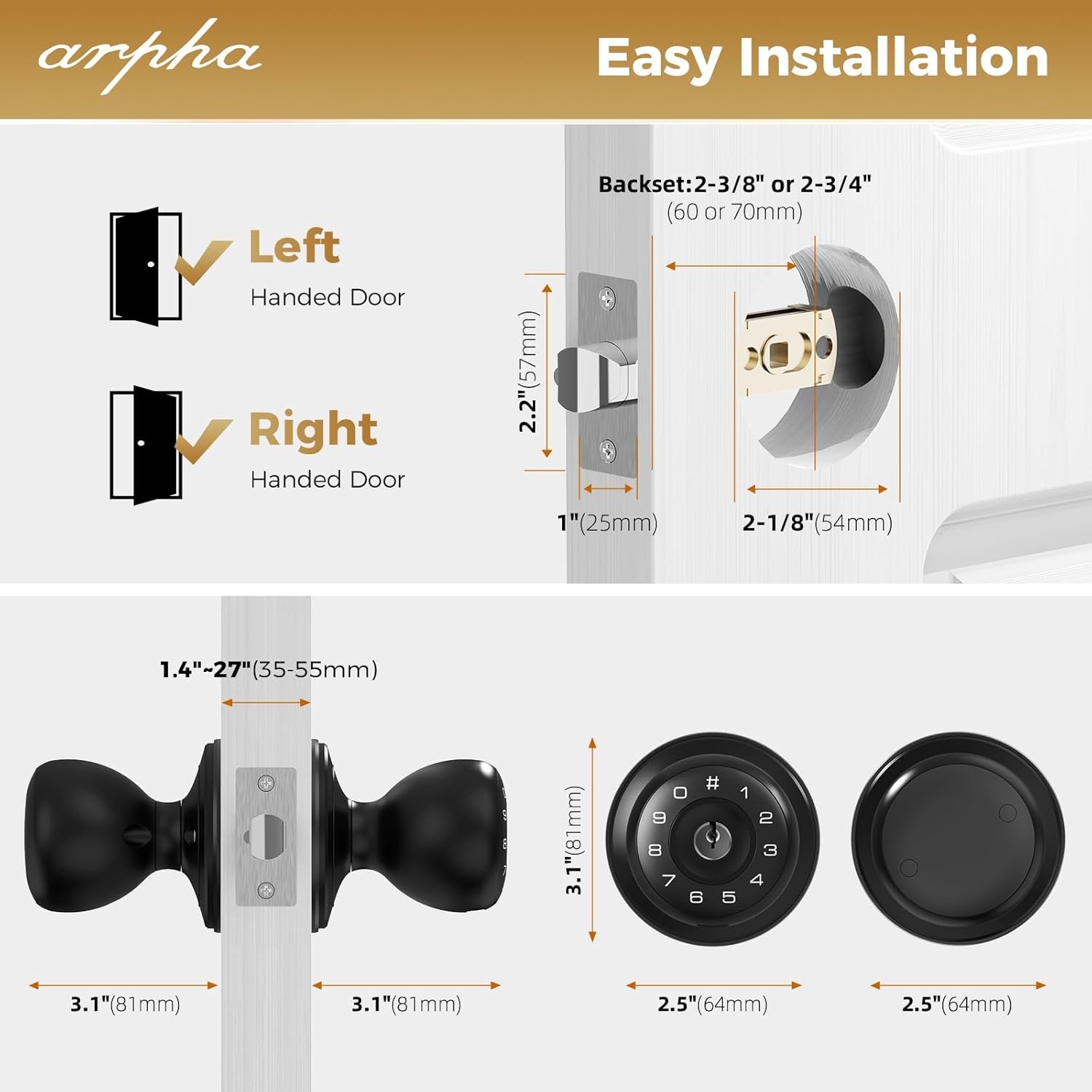 ARPHA Smart Keypad Door Knob Auto Lock Keyless Entry AntiPeeping Password Handle