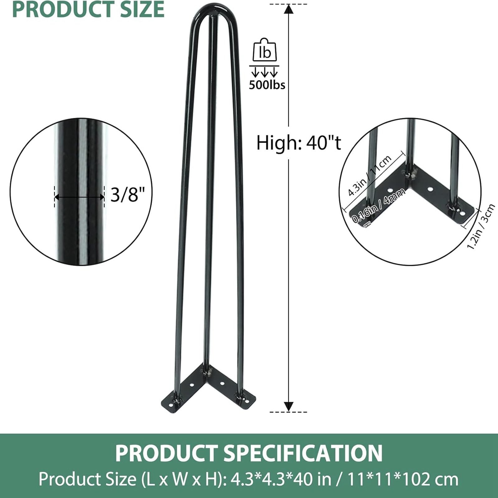 40" Coffee Table Metal Hairpin Legs Iron Bar Black 3-Rod Set of 4