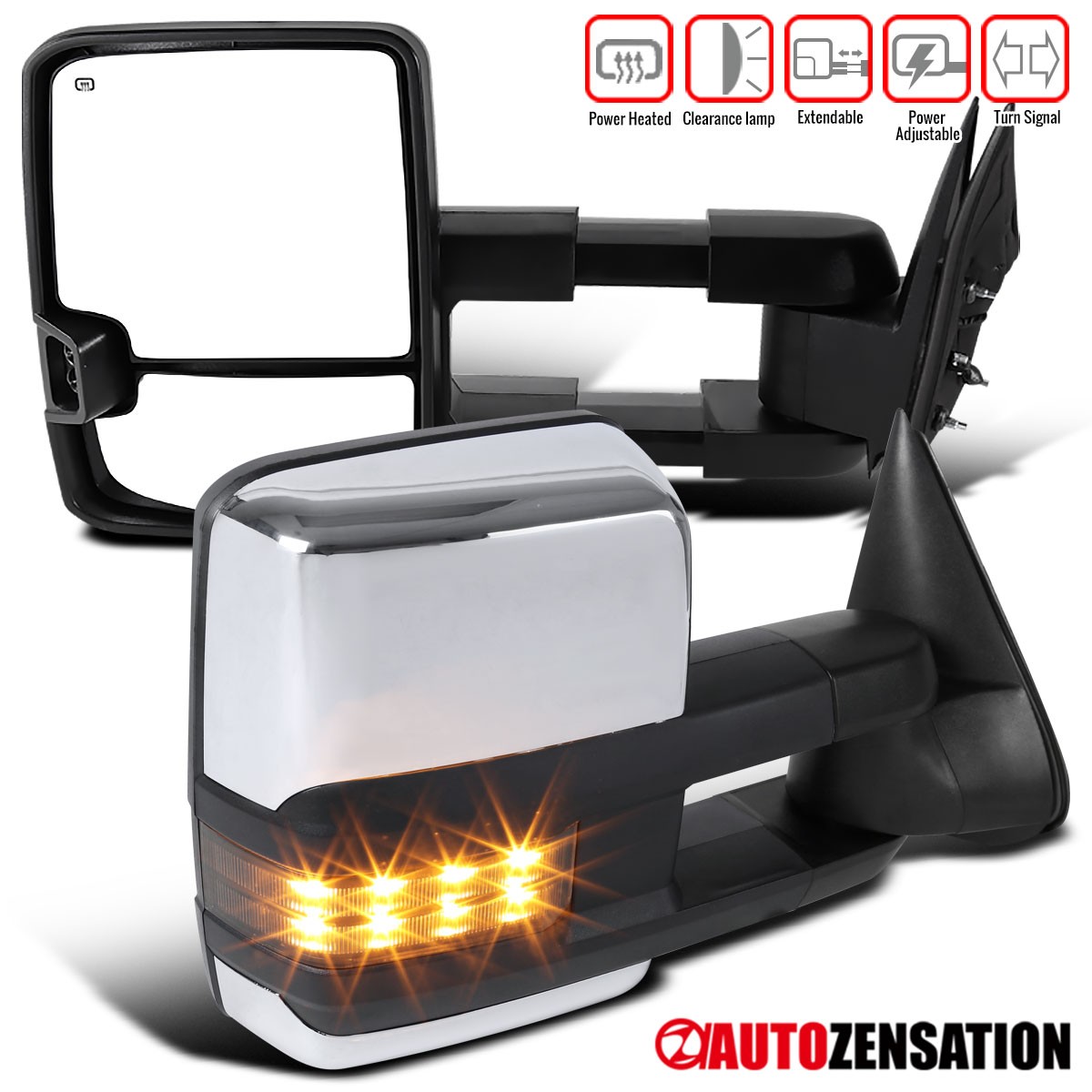 Fit 1999-2002 Silverado Sierra Tahoe Chrome Power Tow Mirrors Pair+Heat+Signal