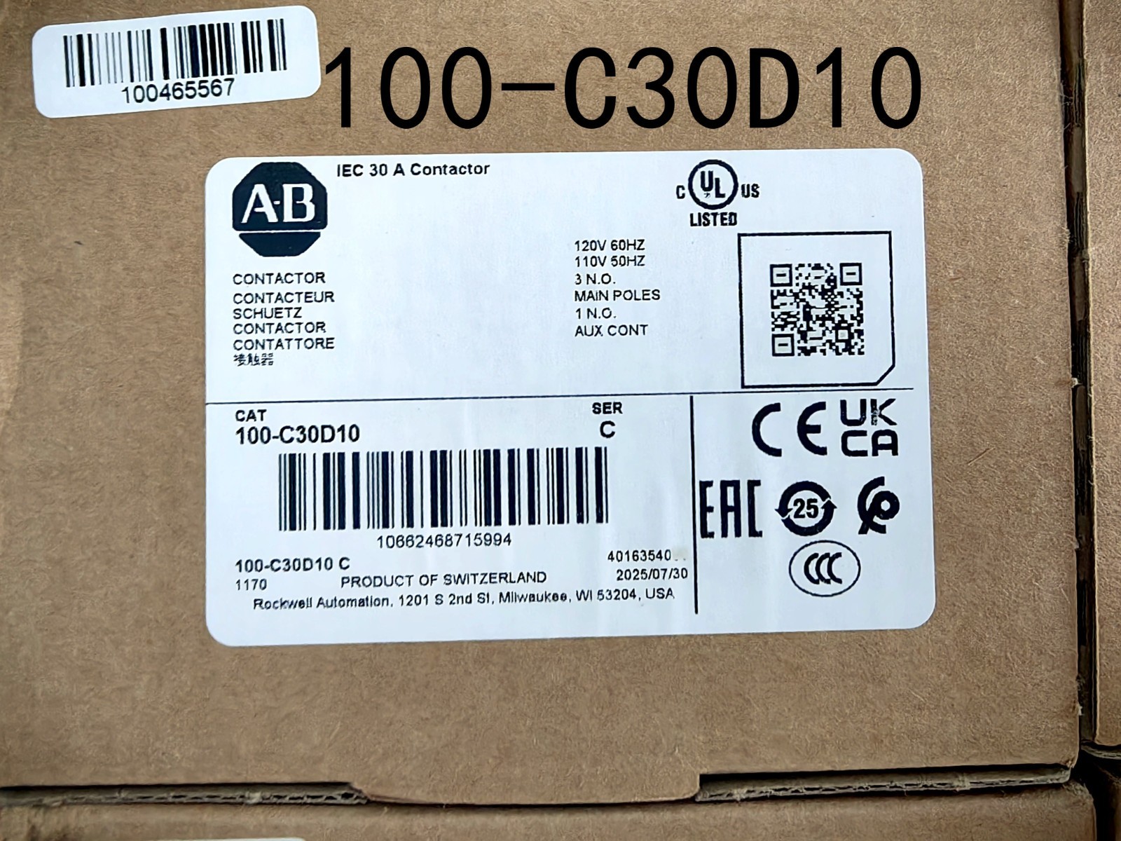 2025 New Allen-Bradley 100-C30D10 IEC Contactor 30 Amp 120V 100C 3 poles