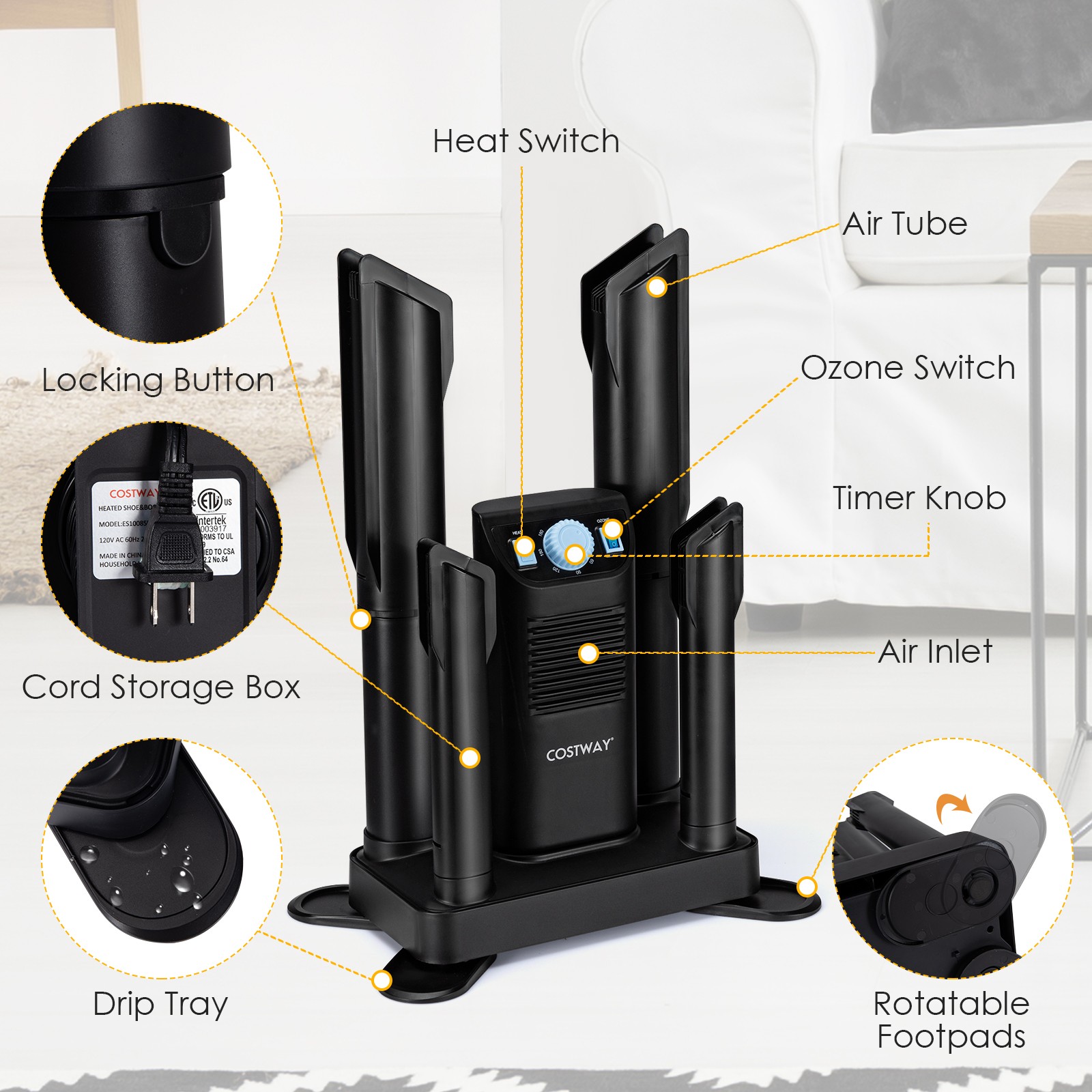 Costway Electric 4 Shoe Dryer Deodorizing Boot Warmer 180 Mins Timer