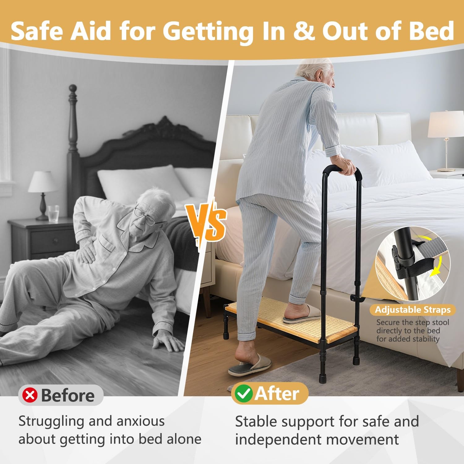 Bed Step Stool with Adjustable Handle for Elderly, Medical Step Stool for Bed...