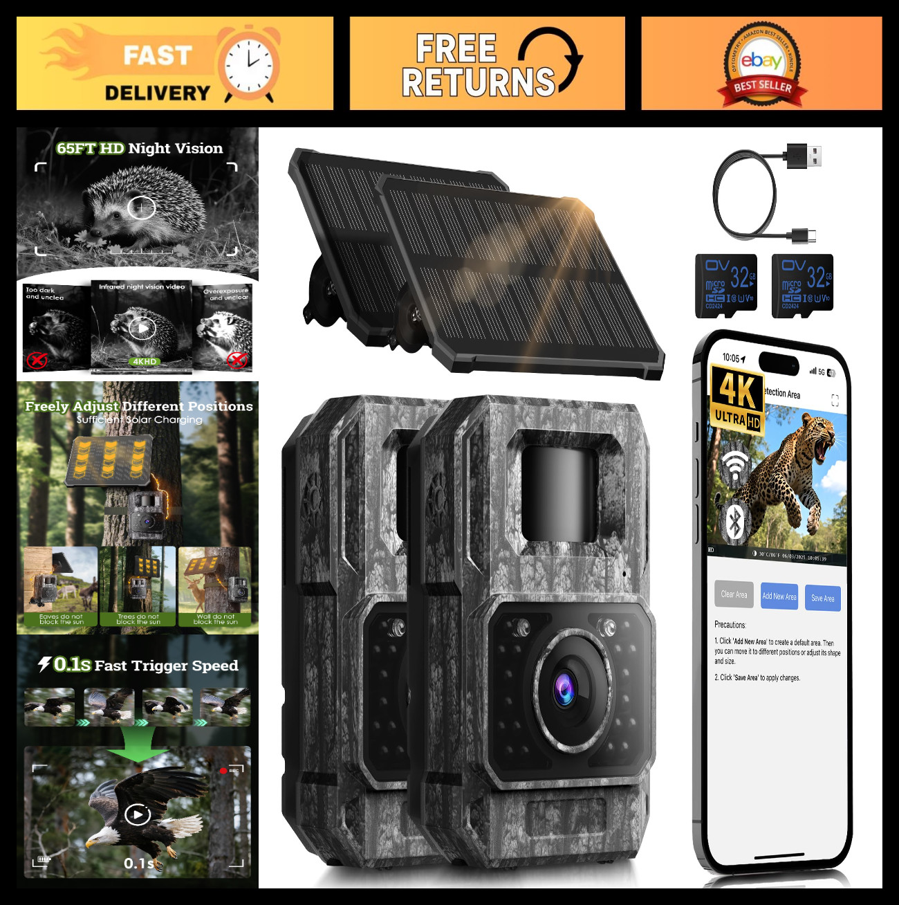 4K 64MP Solar Trail Camera 2 Pack - WiFi Bluetooth, Night Vision, Motion Activat